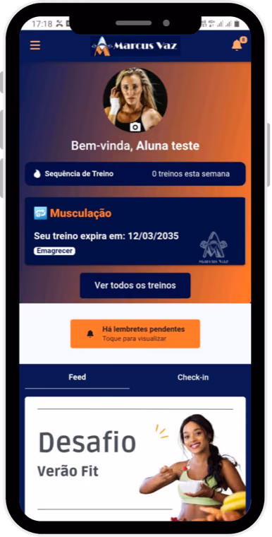Telas internas do app personalizadas com a marca do personal trainer